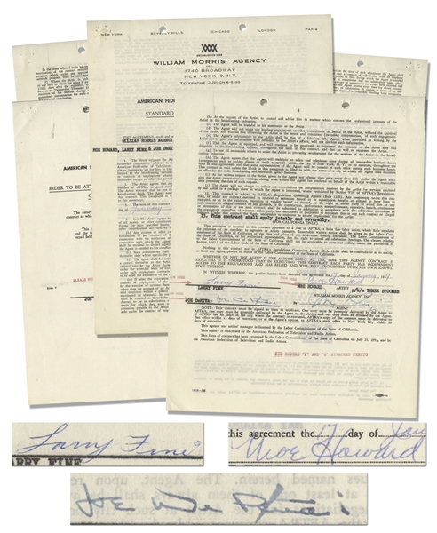 Three Stooges AFTRA Contract Signed by Moe Howard, Larry Fine & Joe DeRita From January 1959 With William Morris Agency -- Plus Initialed Rider -- 5pp. on Three 8.5'' x 11'' Sheets -- Very Good